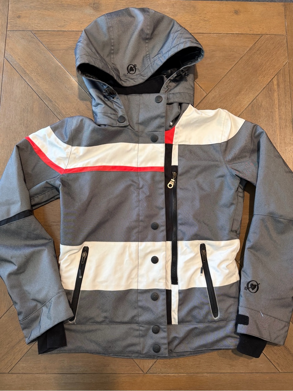 Obermeyer Insulated Waterproof Hooded Josie Jacket Ladies 2 Gray White Red